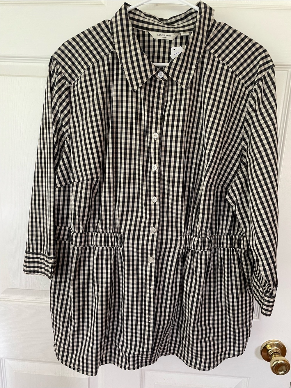 Liz Claiborne Black White Gingham Gathered Waist Button Blouse 2X
